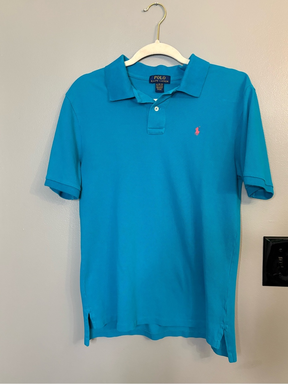 Polo by Ralph Lauren Men’s Bright Teal Polo with Pink Pony Embroidery